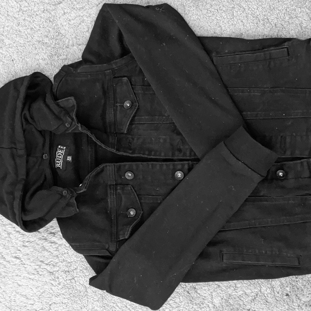 Cloth Sleeved Black Denim Jacket